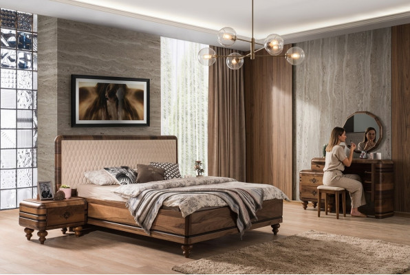 Classic bedroom set luxury brown bed nightstands dressing table