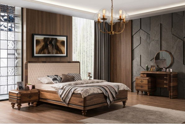 Classic bedroom set luxury brown bed nightstands dressing table