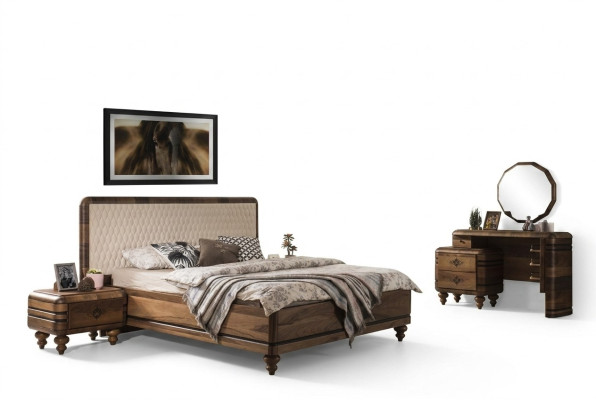 Classic bedroom set luxury brown bed nightstands dressing table