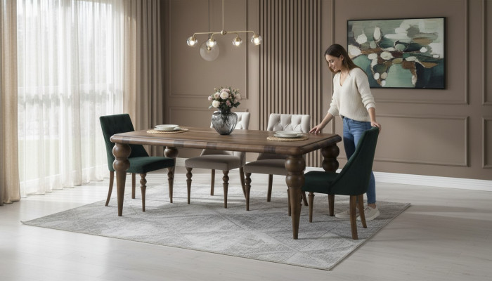 Classic dining room wooden set dining table 6x upholstered chairs 7-piece set