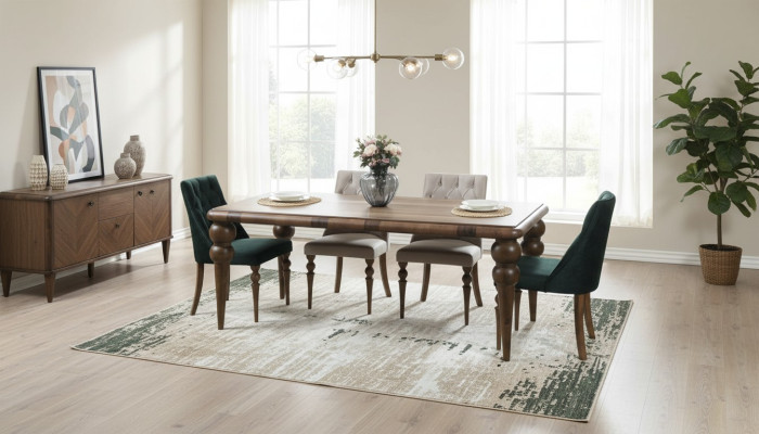 Classic dining room wooden set dining table 6x upholstered chairs 7-piece set