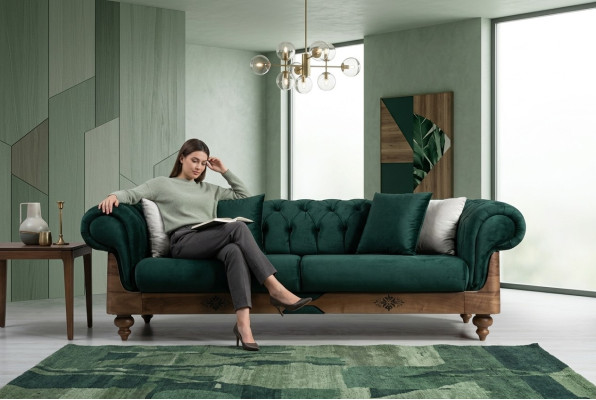 Green Chesterfield three-seater couch, living room sofas, seating furniture, couch.