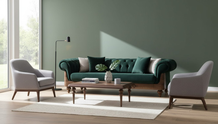 Green Chesterfield three-seater couch, living room sofas, seating furniture, couch.