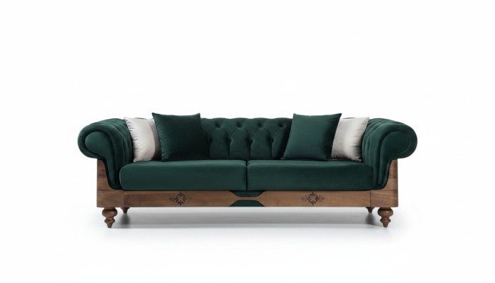Green Chesterfield three-seater couch, living room sofas, seating furniture, couch.