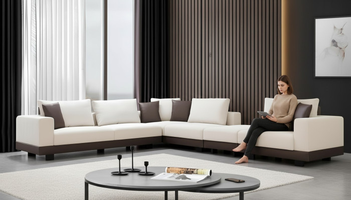 Living room corner sofa luxury L-shaped couch textile furniture wooden frame stylish