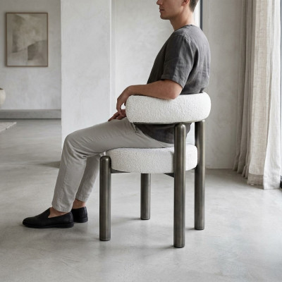 Designer White Dining Chair Upholstered Textile Single-Seater Metal Legs