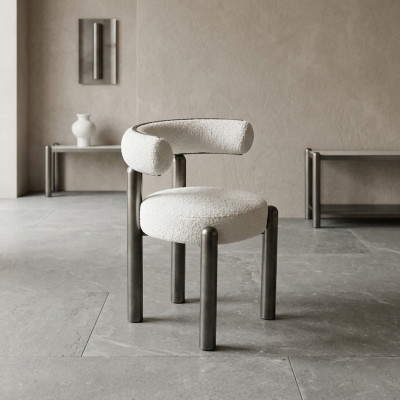 Designer White Dining Chair Upholstered Textile Single-Seater Metal Legs