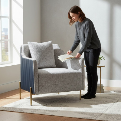 Gray single luxury armchair stainless steel legs living room furniture wooden frame
