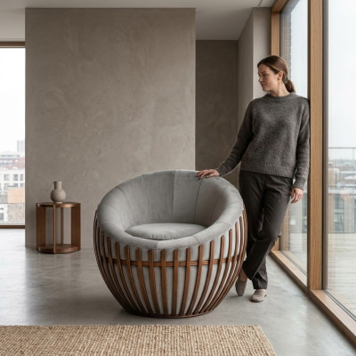 Designer gray armchair living room furniture upholstered seat textile armchair lounge club