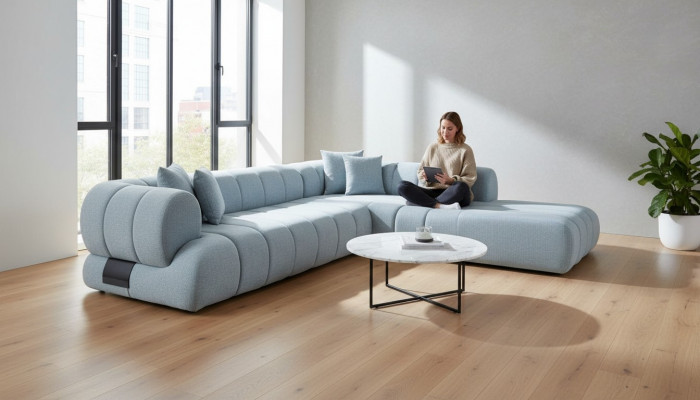 Gray fabric corner sofa L-shape couch designer upholstery furniture wooden frame