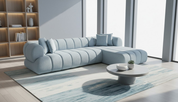 Gray fabric corner sofa L-shape couch designer upholstery furniture wooden frame