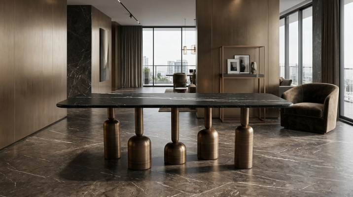 Designer gray marble dining table, metal legs, luxury dining room furniture, new