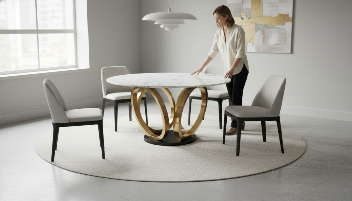 Stylish White Round Dining Table with Stainless Steel Base Marble Top Design