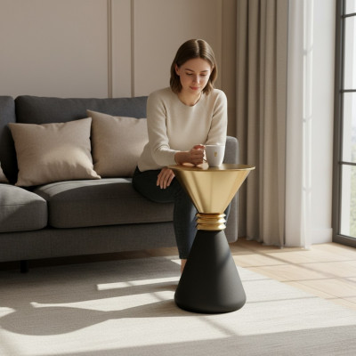 Designer round stainless steel side table with a modern luxury glass top