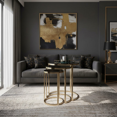 Table Black Side Table Set of 3 Coffee Tables Round Shape Living Room Tables
