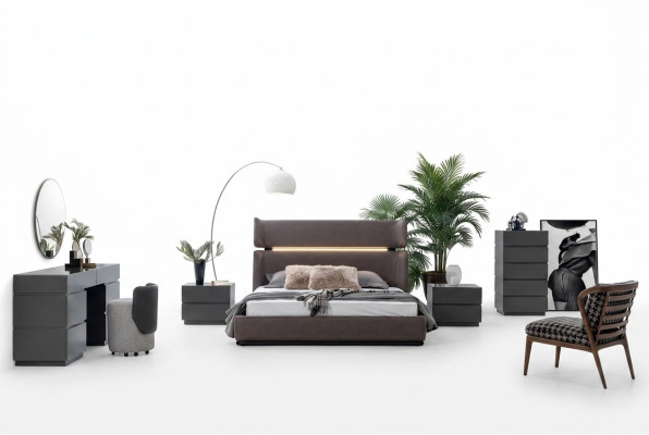 Modern bedroom set 6-piece bed 2x nightstands dresser with mirror