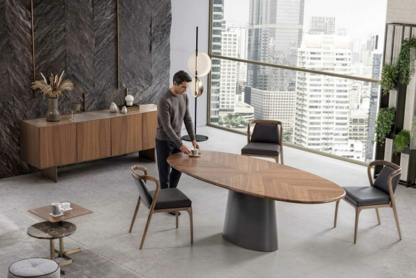 Luxury dining room set: dining table with modern designs, 6 chairs, and 2 coffee tables.