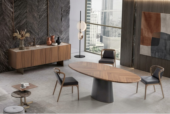 Luxury dining room set: dining table with modern designs, 6 chairs, and 2 coffee tables.