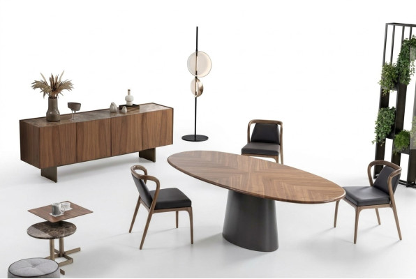 Luxury dining room set: dining table with modern designs, 6 chairs, and 2 coffee tables.