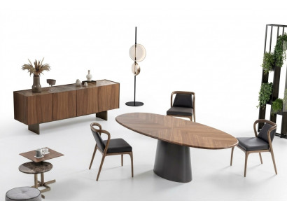 Luxury dining room set: dining table with modern designs, 6 chairs, and 2 coffee tables.