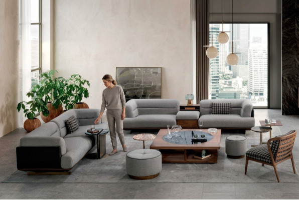 Luxury living room set gray sofa with armchair 2x ottoman modern design