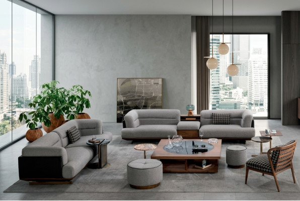 Luxury living room set gray sofa with armchair 2x ottoman modern design