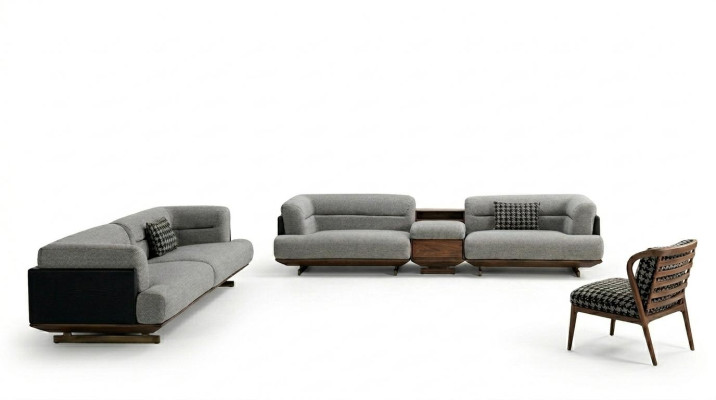 Luxury living room set gray sofa with armchair 2x ottoman modern design