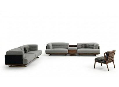Luxury living room set gray sofa with armchair 2x ottoman modern design