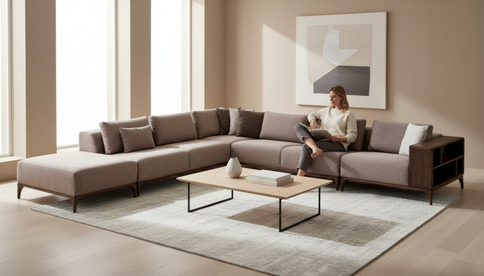 Living room corner sofa L-shape wood modern luxury design corner suite corner couch