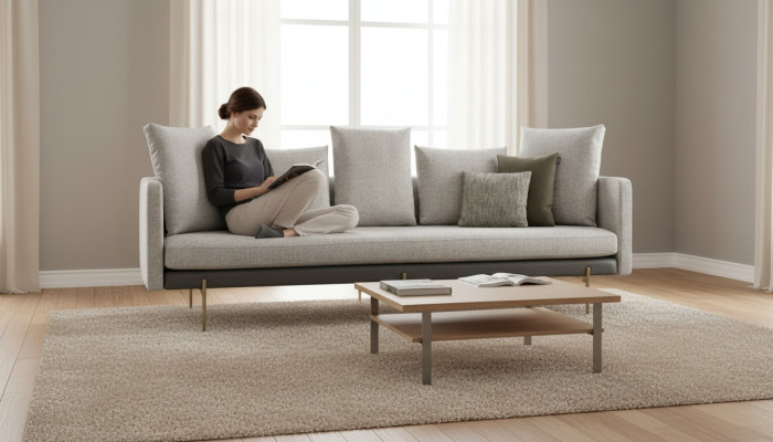 Modern 4-seater sofa, gray color, living room upholstered textile three-seater couch
