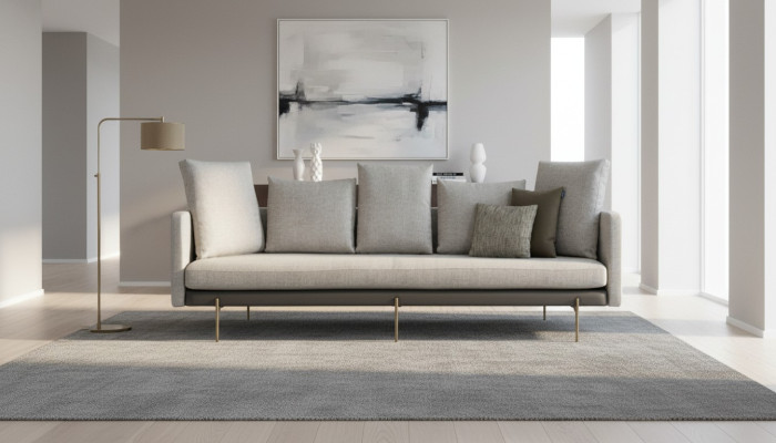 Modern 4-seater sofa, gray color, living room upholstered textile three-seater couch