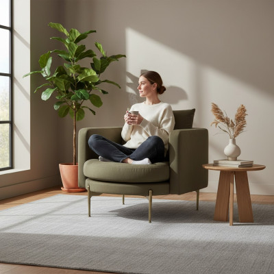 Armchair for living room modern design wood with textile round lounge club