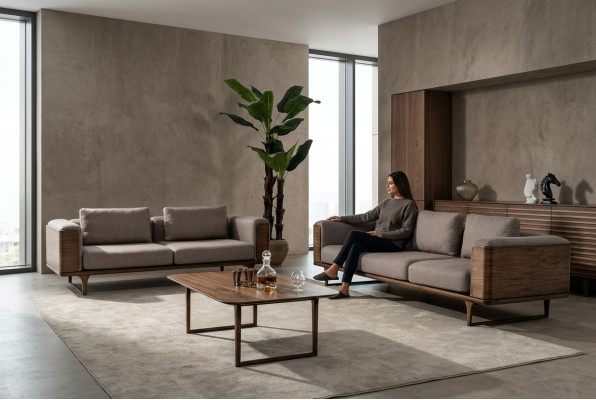 Design living room set: 2x sofas with coffee table, luxury wood with textile