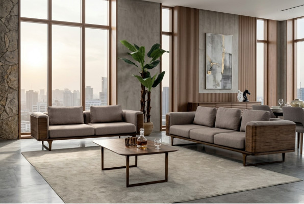 Design living room set: 2x sofas with coffee table, luxury wood with textile