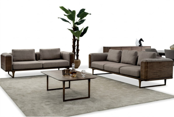 Design living room set: 2x sofas with coffee table, luxury wood with textile