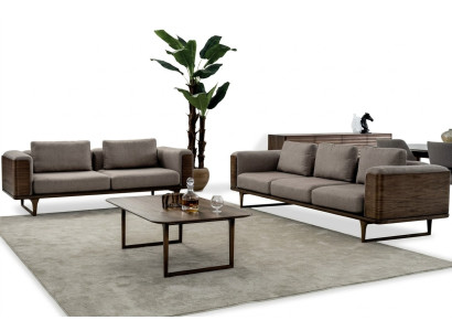 Design living room set: 2x sofas with coffee table, luxury wood with textile