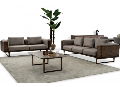 Design living room set: 2x sofas with coffee table, luxury wood with textile