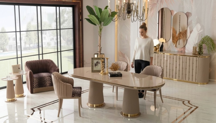 Luxury dining room set dining group dining table 4x chairs sideboard with 2x mirrors