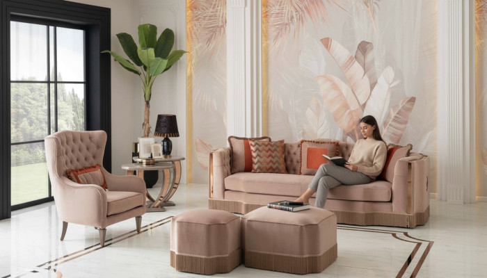 Luxury Living Room Chic Sofa 4-Seater Armchair with 2x Ottomans Stylish Furniture