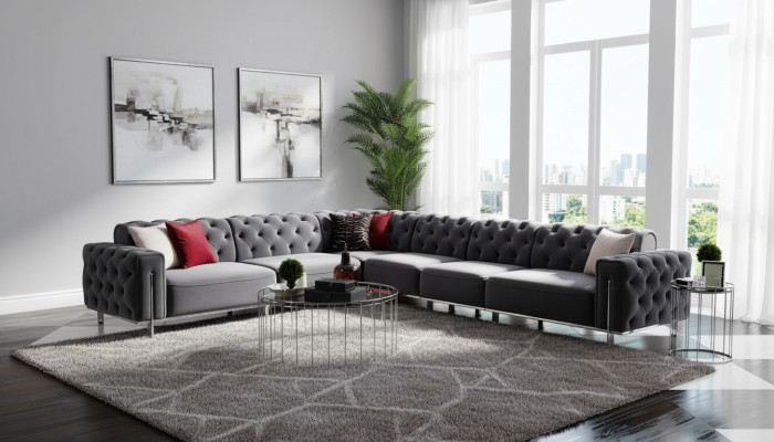 Modern corner sofa L-shape living room gray color wood textile couches