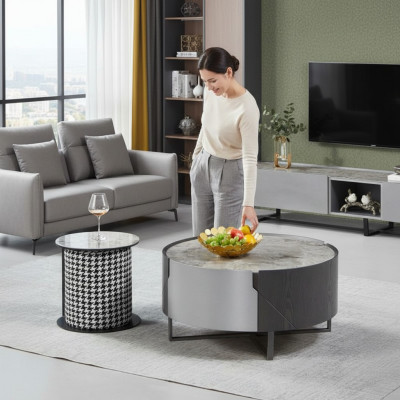 Round Coffee Table Set 2 pcs. Side Table Living Room Tables Design New