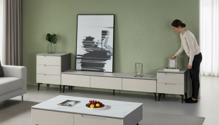 Wall unit TV stand RTV lowboard luxury wood modern gray living room