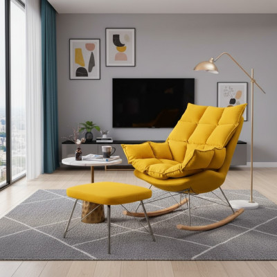 Armchair with Stool Design Luxury Textile Seat Set Living Room Yellow