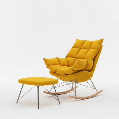 Armchair with Stool Design Luxury Textile Seat Set Living Room Yellow