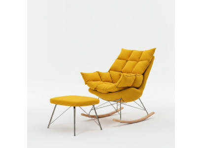 Armchair with Stool Design Luxury Textile Seat Set Living Room Yellow