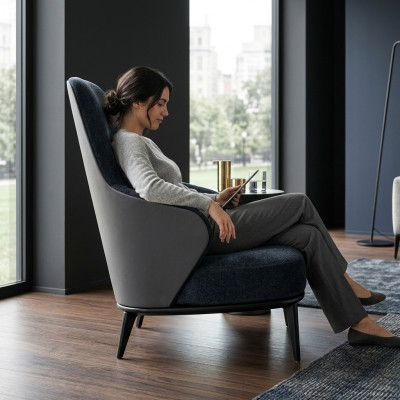 Elegant armchair with dark gray armrests made of natural wood in a modern style