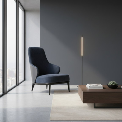 Elegant armchair with dark gray armrests made of natural wood in a modern style