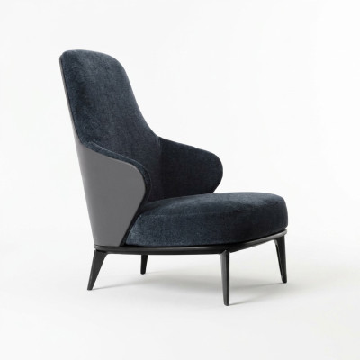 Elegant armchair with dark gray armrests made of natural wood in a modern style