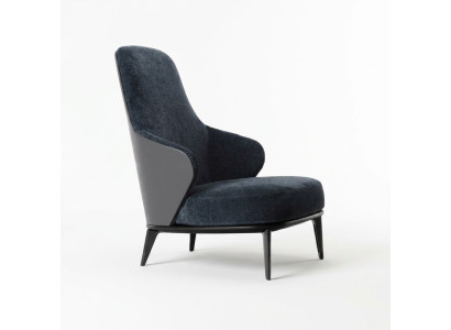 Elegant armchair with dark gray armrests made of natural wood in a modern style