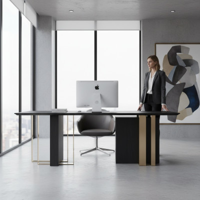 Large black dining table, dining room furniture, wooden table, stainless steel table